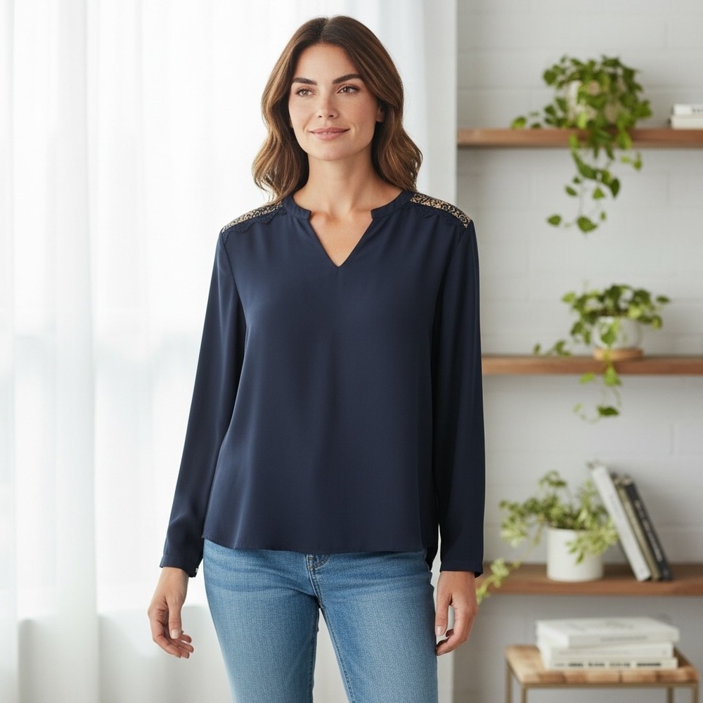 Women's Lace Shoulder Blouse Long Sleeve V-Neck Top Black Small‎ Date Night